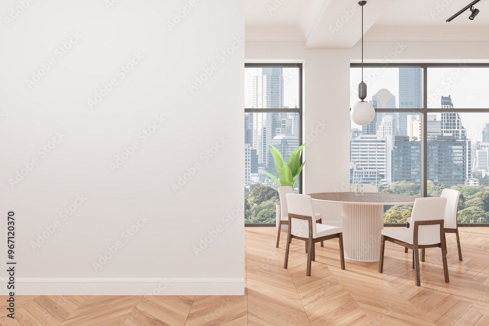 Modern dining room with empty white wall for mockup in bright interior. 3D Rendering Modern dining room with empty white wall for mockup in bright interior. 3D Rendering