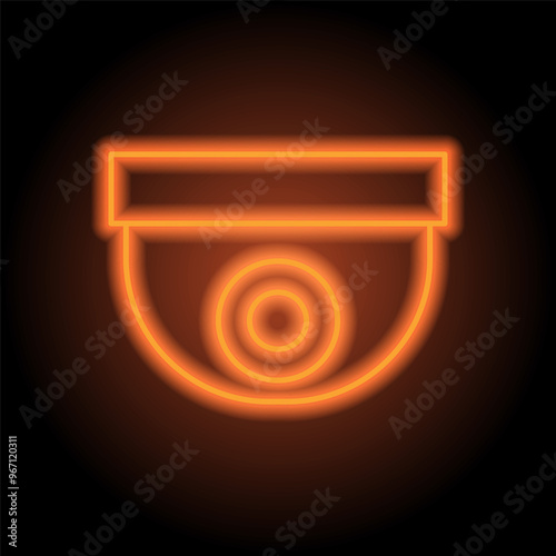 Security cam simple icon. Flat design. Orange neon on black background