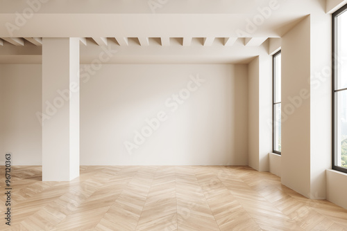 Modern empty living room interior and panoramic window on skyscrapers