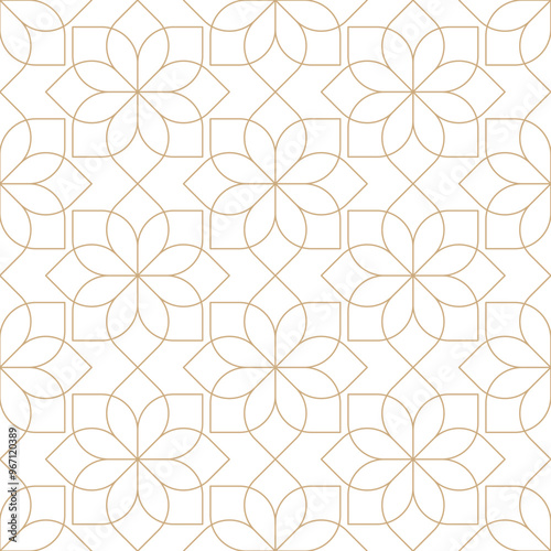 Gold and white thin line seamless vector pattern. Geometric linear flower pattern. Oriental art deco texture background.