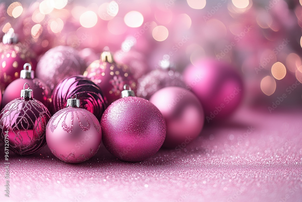 Festive pink christmas ornaments are sparkling on a pink glitter background with bokeh and copy space Festive pink christmas ornaments are sparkling on a pink glitter background with bokeh and copy space
