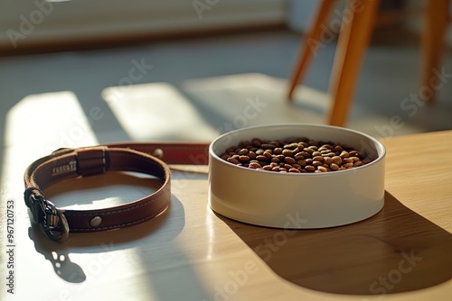 Pet food bowl and collar on a wooden surface. photo