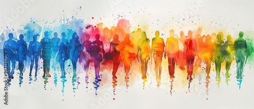 abstract watercolor illustration of people with rainbow lgbt pride parade concept