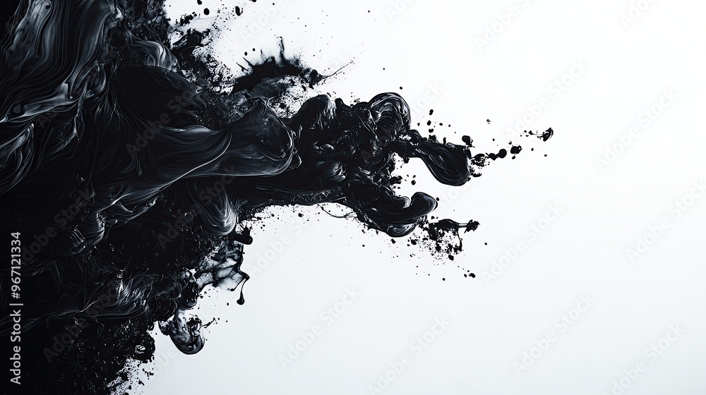 Abstract black ink splash creating a dramatic effect against a white background, perfect for artistic and design projects. Abstract black ink splash creating a dramatic effect against a white background, perfect for artistic and design projects.