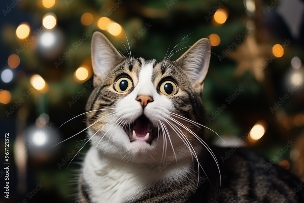 A small curious gray kitten plays on the top of the Christmas tree. A cat among the branches of a festive Christmas tree. New Year's celebration. Funny Christmas pets. Pets during the holidays A small curious gray kitten plays on the top of the Christmas tree. A cat among the branches of a festive Christmas tree. New Year's celebration. Funny Christmas pets. Pets during the holidays