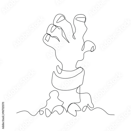 Continuous single line sketch drawing of zombie monster hand finger rising from cemetery graveyard tomb