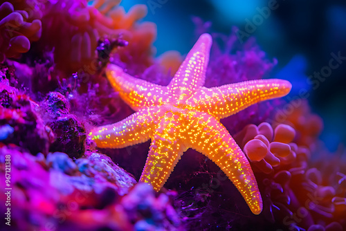 A vibrant starfish illuminated under water, showcasing its unique colors and textures. photo