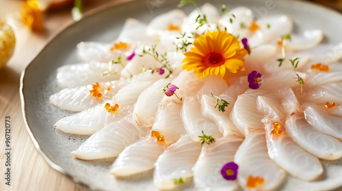 fresh fish carpaccio dish with thinly sliced fish arranged artfully photo