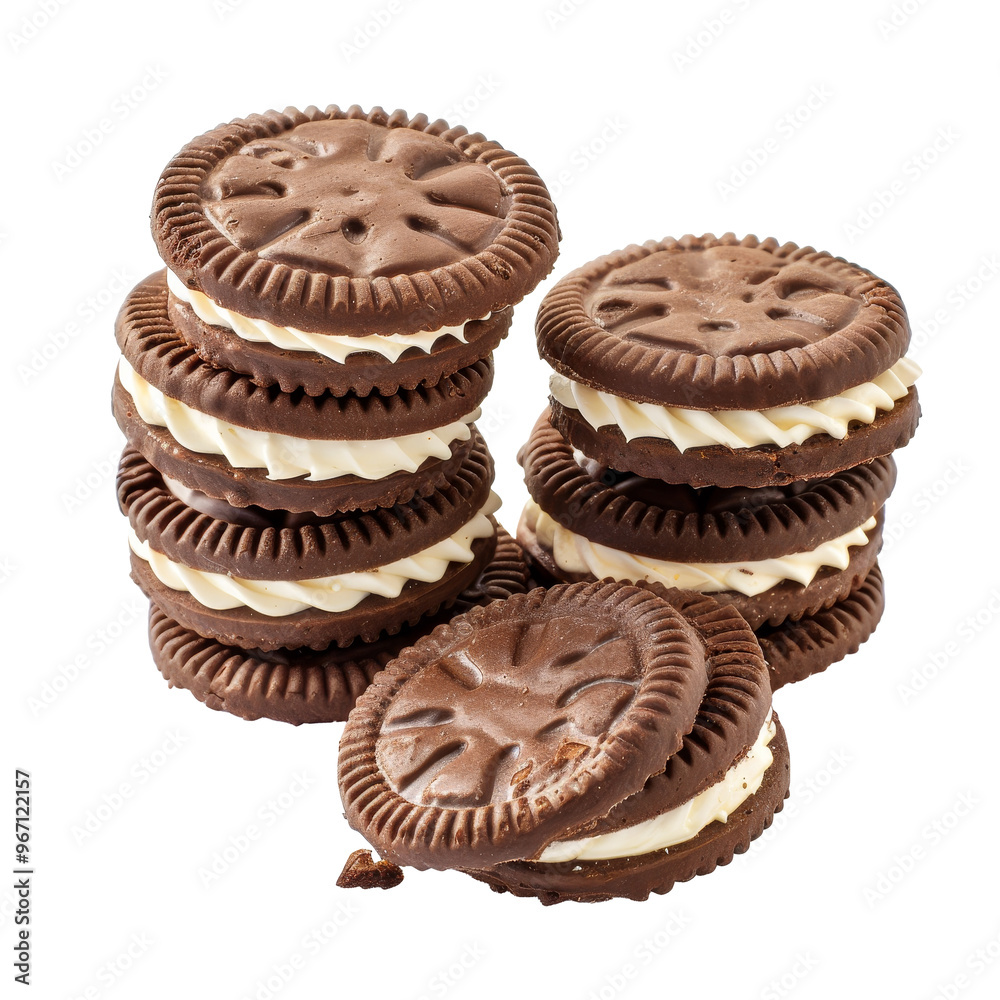 Stacked chocolate cookies with cream filling on a transparent background representing a delicious dessert treat for snacking or sharing