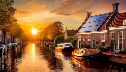 Solar Panels on a Dutch Canal House at Sunset photo