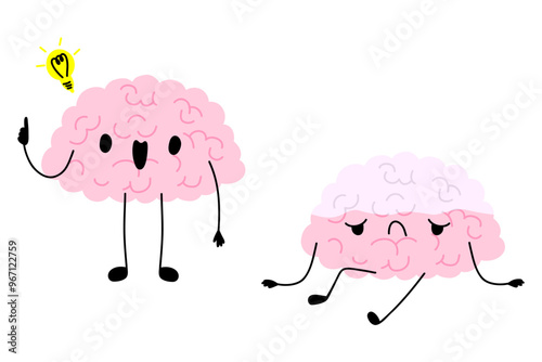 Happy and tired brain cartoon character. Brain with low charge, depression, burnout, lack energy and power with high energy. Stock vector illustration isolated on white background.