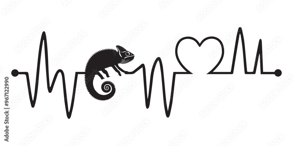 Fototapeta premium Heartbeat line with Chameleon silhouette, Chameleon and Heartbeat frequency with Heart Love Vector illustration 