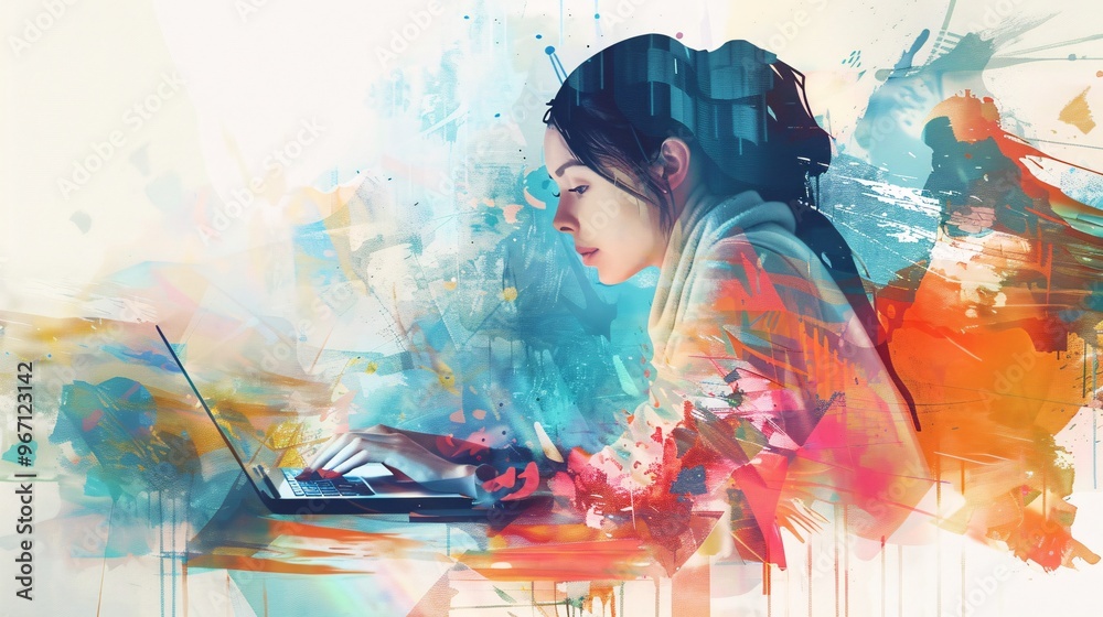 Obraz premium 72. Detailed collage template of a lady employee searching for job offers on a netbook, blending painting and digital elements to illustrate the concept of recruitment and hiring
