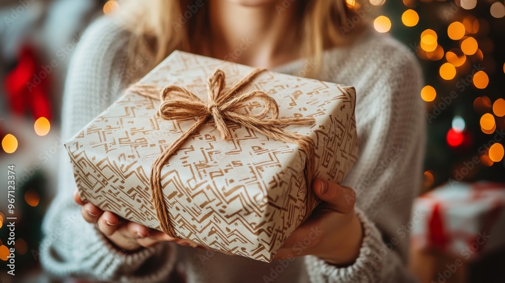 Woman Holding Beautifully Wrapped Christmas Gift, Festive Living Room with Warm Bokeh Background. Woman Holding Beautifully Wrapped Christmas Gift, Festive Living Room with Warm Bokeh Background.