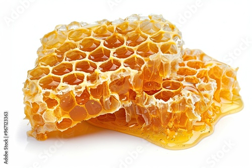 close-up of a honeycomb with rich, golden honey dripping from it