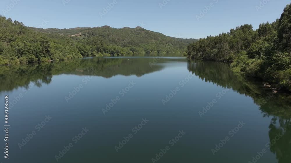 Peaceful View Of Forest Lake Near Encoro de Eiras In Pontevedra, Galicia, Spain. Aerial Wide Shot Peaceful View Of Forest Lake Near Encoro de Eiras In Pontevedra, Galicia, Spain. Aerial Wide Shot