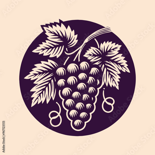 Bunch of grapes. Round vintage engraving emblem, logo, sticker, icon. Black and white vector illustration