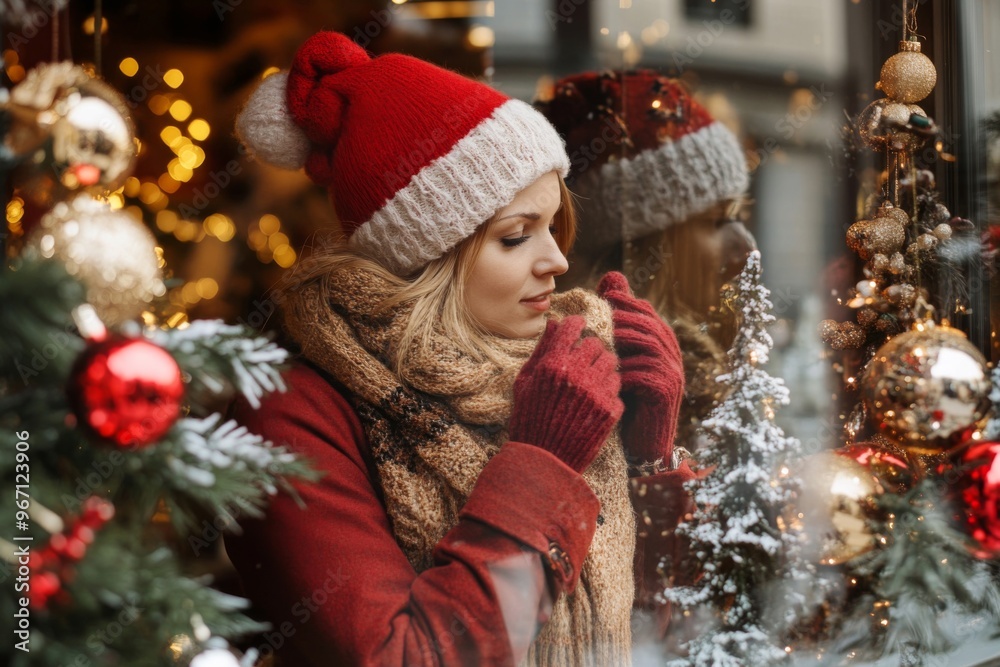 Woman in Red Hat and Coat Admiring Christmas Decorations Through a Window Woman in Red Hat and Coat Admiring Christmas Decorations Through a Window