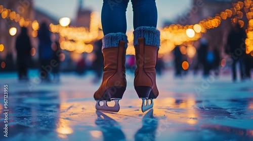 Ice Skating on a Frozen Lake at Sunset with Bokeh Lights photo