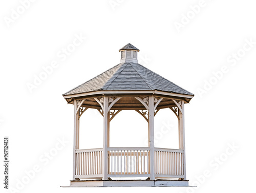 a white gazebo with a roof photo