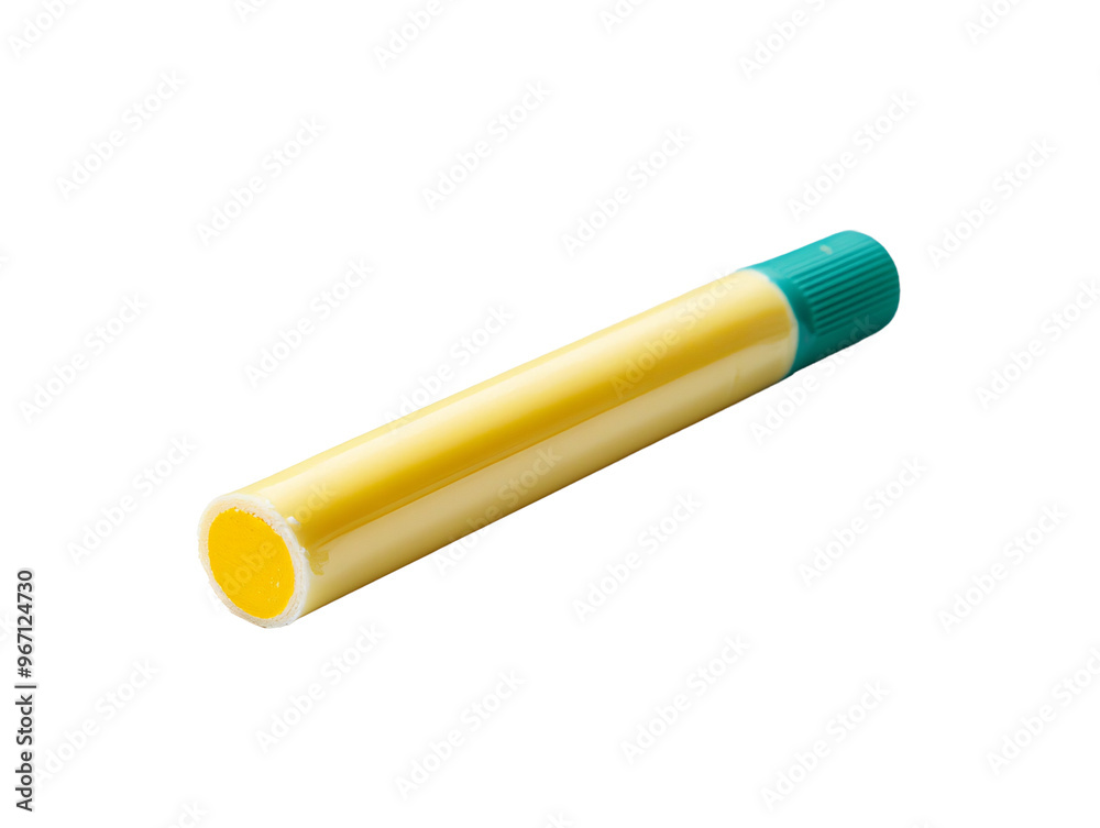 a yellow and green tube with a blue cap a yellow and green tube with a blue cap
