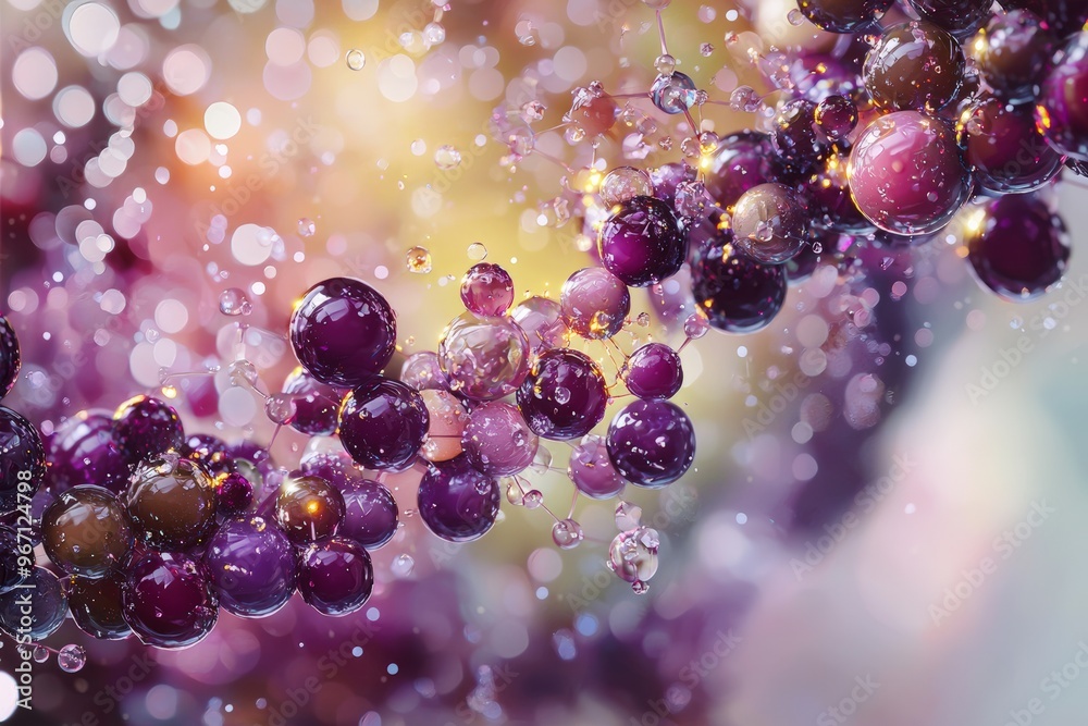 Abstract depiction of wine molecules blending with vibrant colors, showcasing mesmerizing arrangement of bubbles and spheres. This artistic representation captures essence of fermentation and beauty o Abstract depiction of wine molecules blending with vibrant colors, showcasing mesmerizing arrangement of bubbles and spheres. This artistic representation captures essence of fermentation and beauty o