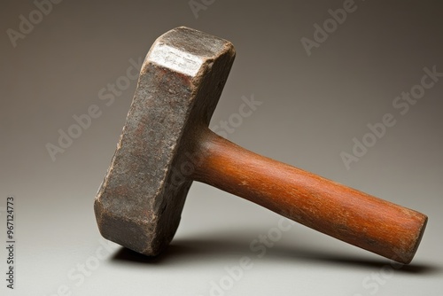 Wooden-Handled Metal Hammer on a Gray Background