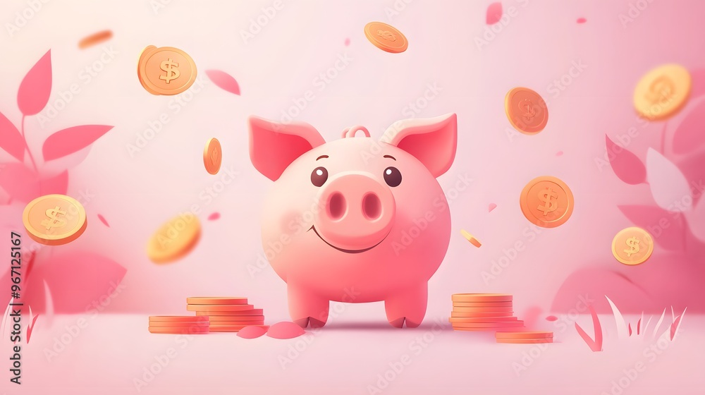 Cute Pink Piggy Bank with Golden Coins Cute Pink Piggy Bank with Golden Coins