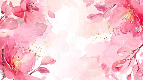 Fototapeta Naklejka Na Ścianę i Meble -  97. Luxury wedding invitation card background vector. Elegant watercolor texture in pink flower, gold sparkle, gold border. Spring floral design illustration for wedding and cover template, banner,