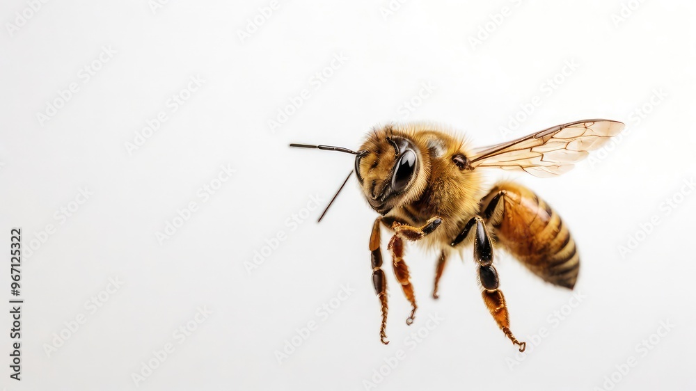 A honey bee flying isolated against a clean white background A honey bee flying isolated against a clean white background
