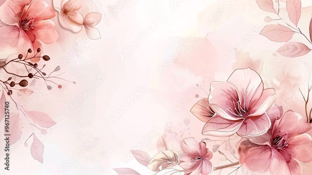 Fototapeta premium 107. Beautiful wedding invitation card background with a luxurious design, featuring pink flower watercolor textures, leafy details, and a gold border, perfect for spring floral-themed VIP cover