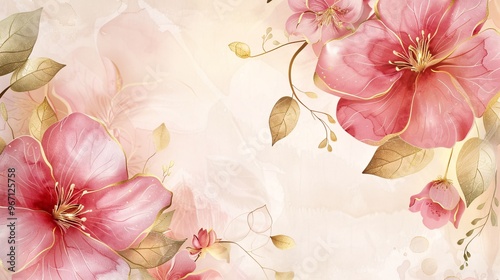 Fototapeta Naklejka Na Ścianę i Meble -  107. Beautiful wedding invitation card background with a luxurious design, featuring pink flower watercolor textures, leafy details, and a gold border, perfect for spring floral-themed VIP cover