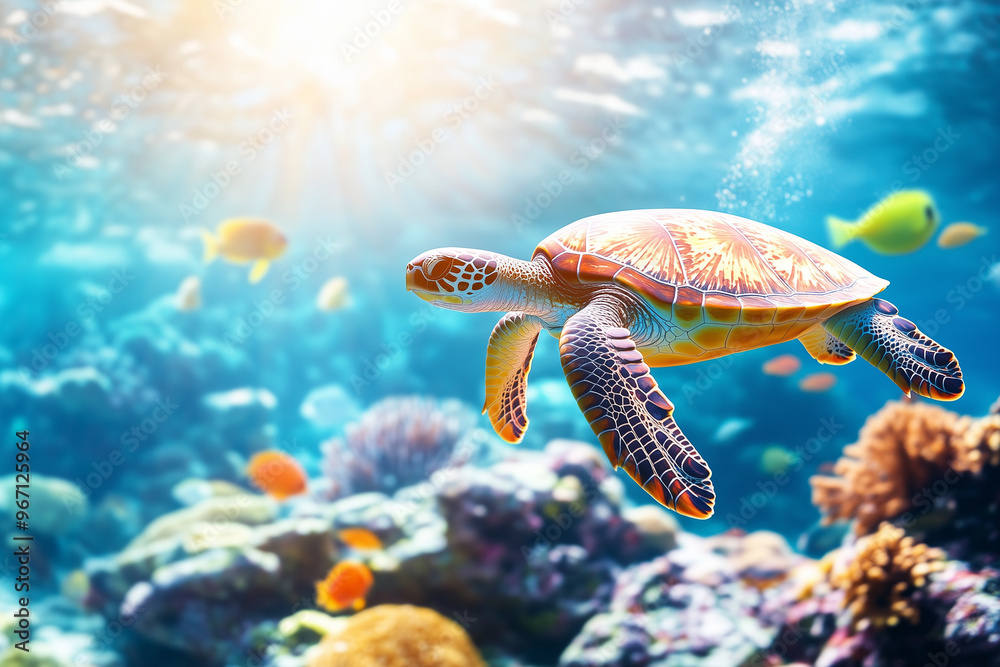 Obraz premium sea turtle swimming underwater with coral reefs