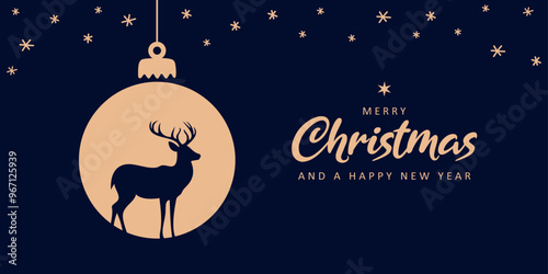 blue christmas greeting card with hanging ball decoration with deer vector illustration