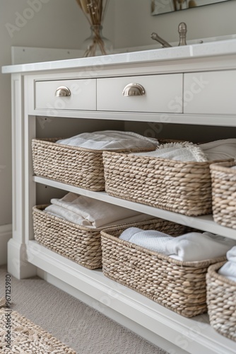 Neatly arranged woven baskets on white shelves organize towels and linens, adding simplicity and order to a home. Perfect for decluttering and creating a relaxing spa like atmosphere photo