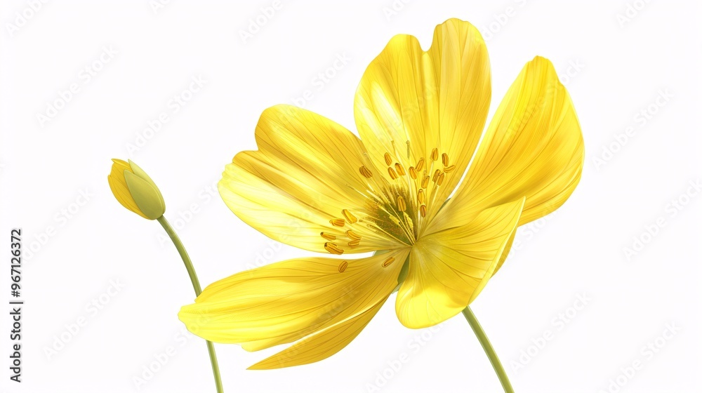 Fototapeta premium 116. Detailed buttercup flower illustration on a white background, capturing the delicate petals and vibrant yellow color of the buttercup in a realistic style