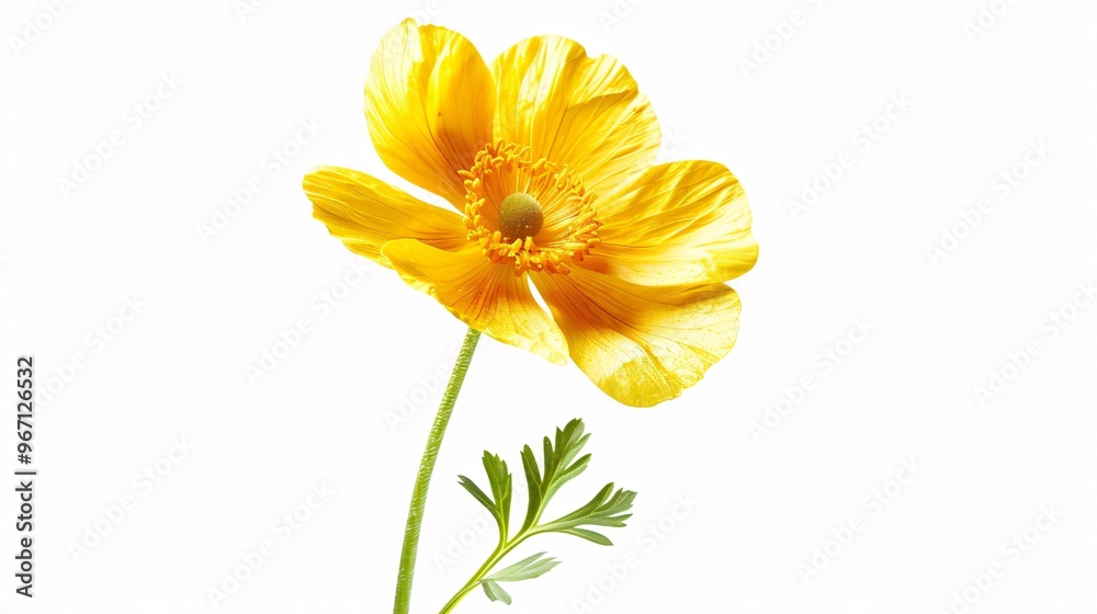 Fototapeta premium 118. Realistic buttercup flower illustration against a white backdrop, highlighting the fine details and natural beauty of the yellow petals and green stem