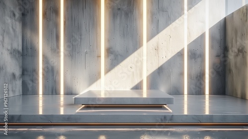 : A chic podium of polished concrete, designed with sleek lines and set against a modern, industrial-inspired background with soft, diffused lighting.