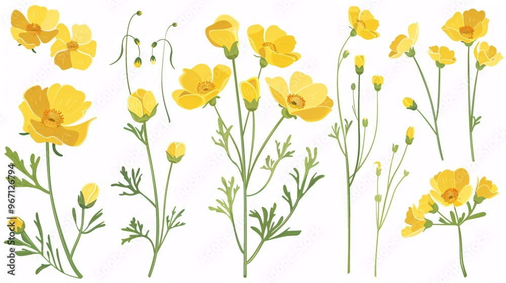 Fototapeta premium 123. Collection of buttercup flower vector illustrations, showcasing different angles and stages of the buttercup bloom, ideal for adding a touch of nature to design projects