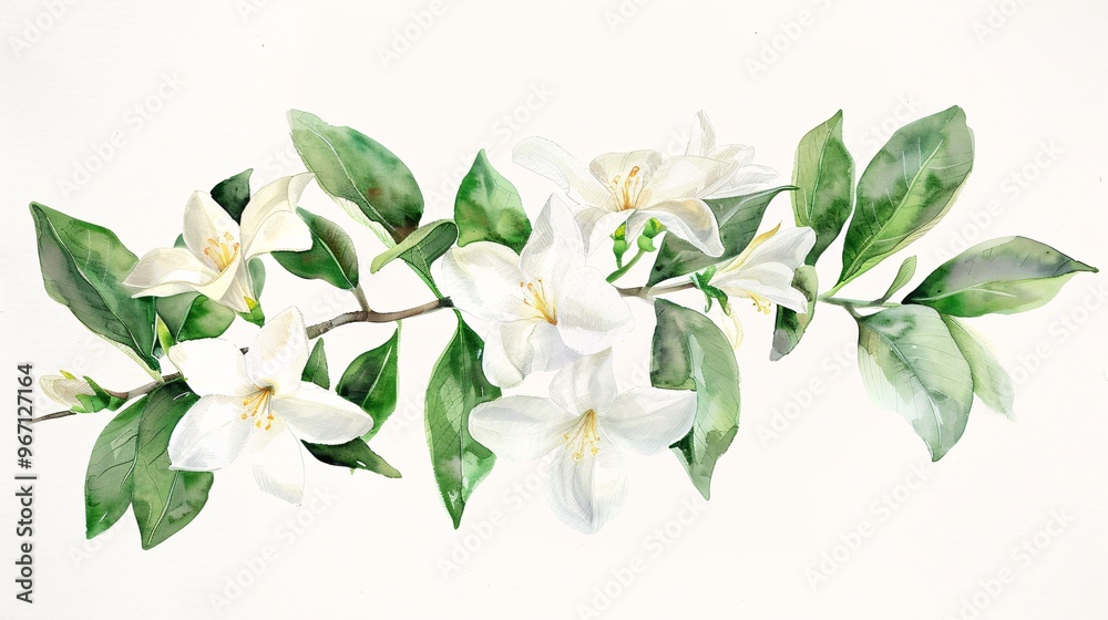 Obraz premium 130. Beautiful jasmine flower watercolor illustration, designed for patterns, invitations, and greeting cards, showcasing the gentle white petals and rich green foliage
