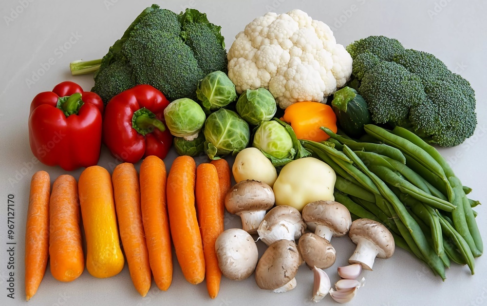 Assorted vegetables with carrots, green beans, mushrooms, peppers, butternut, cauliflower, brussels sprouts, zucchini, broccoli, tomatoes, pumpkin, garlic, and ginger. Assorted vegetables with carrots, green beans, mushrooms, peppers, butternut, cauliflower, brussels sprouts, zucchini, broccoli, tomatoes, pumpkin, garlic, and ginger.