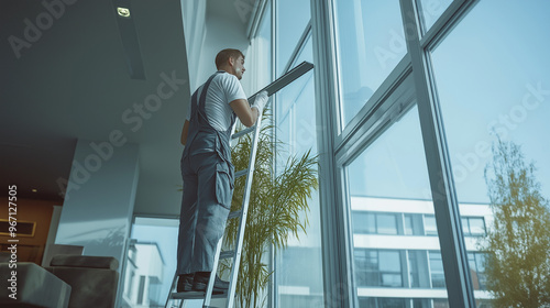 Wallpaper Mural A male cleaner standing on a scaffold, high above ground, using to clean the windows of a city skyline and horizon are visible in the distance Torontodigital.ca
