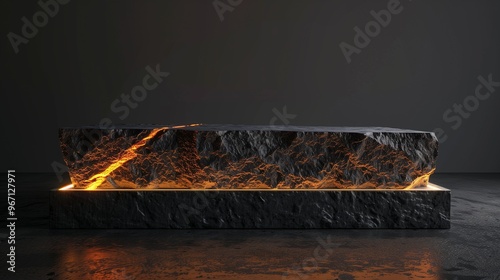 : A contemporary podium constructed from black basalt, illuminated by warm light that enhances the stone's deep, rich color.