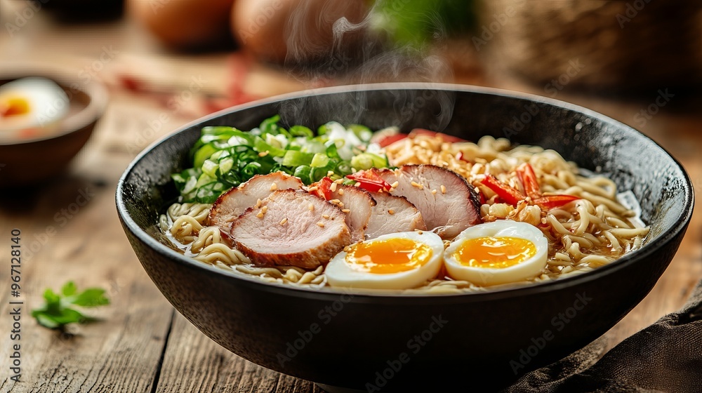 A bowl of steaming ramen noodles topped with pork slices, eggs, and vegetables, served in a rustic wooden table setting. A bowl of steaming ramen noodles topped with pork slices, eggs, and vegetables, served in a rustic wooden table setting.