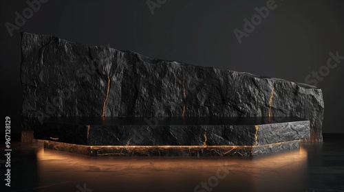 : A contemporary podium constructed from black basalt, illuminated by warm light that enhances the stone's deep, rich color.