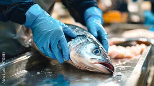 A dedicated worker in blue gloves skillfully prepares a large sea bass, carefully cutting its tail to ensure high-quality meat for production