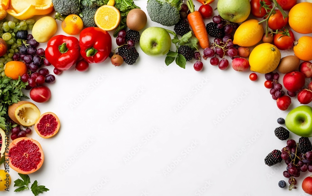 Fresh vegetables and fruits are spread on the table, empty space for advertising and product placement. on a white background. Fresh vegetables and fruits are spread on the table, empty space for advertising and product placement. on a white background.