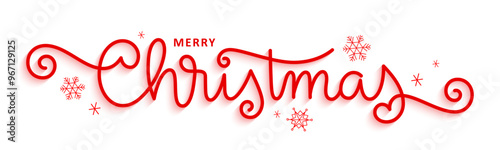 MERRY CHRISTMAS red vector decorative monoline banner with snowflakes