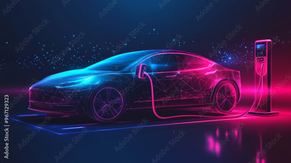 An electric car is depicted in a digital, futuristic polygonal style, with the vehicle plugged in and charging. The scene is designed to enhance the concept for a gas station mobile app, featuring a s An electric car is depicted in a digital, futuristic polygonal style, with the vehicle plugged in and charging. The scene is designed to enhance the concept for a gas station mobile app, featuring a s