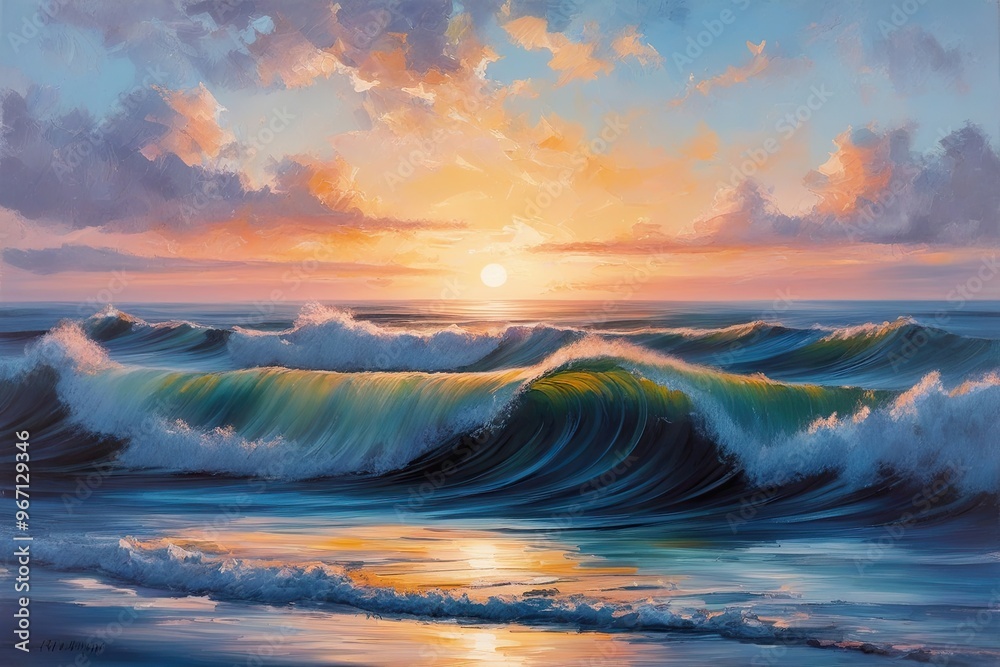 Fototapeta premium Serene Abstract Sunrise with Flowing Waves - Tranquil Oil Painting Aesthetic